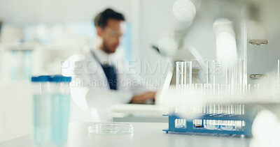 Buy stock photo Science, sample and test tube in lab for study, medical research and medicine development. Healthcare, pharmaceutical and blur of scientist with equipment for analysis, biology and experiment