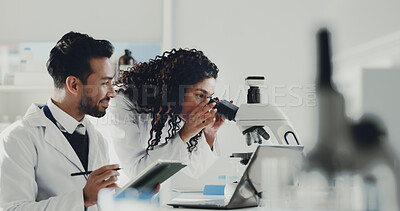 Buy stock photo Scientist, team and tablet with microscope in lab for medical research, DNA testing and experiment. Science, people and microbiology equipment for sample analysis, vaccine development and innovation