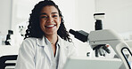 Portrait, woman and scientist with microscope in lab for research, medical study and dna sample. Smile, female person or machine for experiment, gene production and confidence of vaccine breakthrough