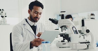 Buy stock photo Science, research and man with tablet, internet and innovation with chemistry experiment. Medical, scientist and person in lab, digital tech or studying results with healthcare or vaccine development
