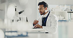 Man, laptop and scientist in laboratory for research report, medical review or online analysis. Science, male doctor and computer for reading evaluation, forensic study and innovation technology
