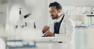 Buy stock photo Man, laptop and scientist in laboratory for research report, medical review or online analysis. Science, male doctor and computer for reading evaluation, forensic study and innovation technology