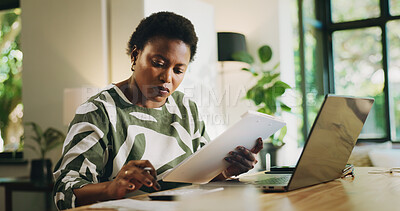 Buy stock photo Finance, documents and black woman with calculator in home for budget planning, taxes and rebate. Bookkeeping, laptop and person with clipboard for asset management, banking expenses and insurance