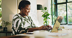 Happy, woman and remote work with laptop, online and review of financial report on website and home. Freelancer, smile and black person with tech for bookkeeping, read and typing of info in house