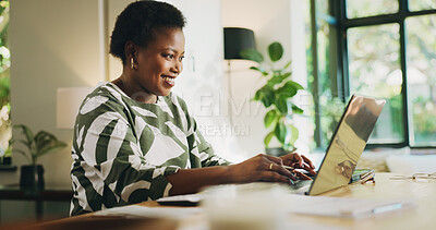 Buy stock photo Happy, woman and remote work with laptop, online and review of financial report on website and home. Freelancer, smile and black person with tech for bookkeeping, read and typing of info in house