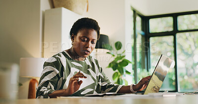 Buy stock photo Budget, laptop and black woman with calculator in home for finance planning, taxes and rebate. Bookkeeping, documents and person with calculations for asset management, banking expenses and cash back