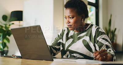 Buy stock photo Remote work from home, laptop and black woman with online reading, freelancer and startup. African person, apartment and entrepreneur with pc, internet and email for proposal, schedule and feedback