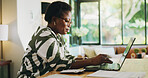 Black woman, finance or laptop with research for budget planning, accounting or calculation at home. Female person, user or browsing with computer for financial audit, expenses or bills at house