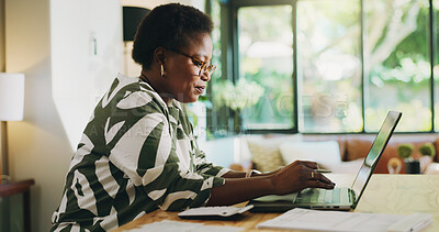 Buy stock photo Black woman, finance or laptop with research for budget planning, accounting or calculation at home. Female person, user or browsing with computer for financial audit, expenses or bills at house