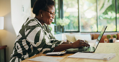 Buy stock photo Typing, woman and remote work with laptop, home or review of financial report, happy or bookkeeping. Freelancer, smile and black person with tech for research, read and info for spreadsheets in house