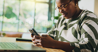 Buy stock photo Remote work from home, smartphone and black woman with internet, typing and copywriting. African person, creative and freelancer with cellphone, chatting and email with feedback for report or article