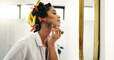 Buy stock photo Bathroom, beauty or woman with jade roller in mirror for natural skincare, getting ready or routine. Haircare, girl or cosmetic tool in home for lymphatic drainage, anti aging or hair curling process