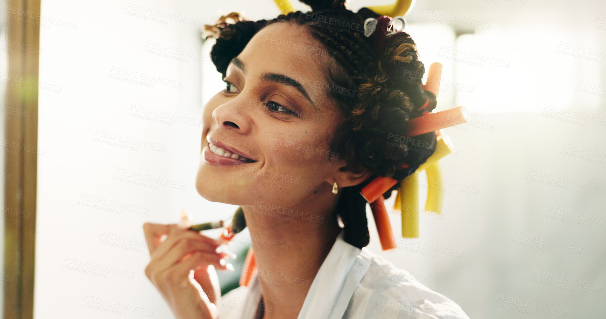 Buy stock photo Happy, woman and grooming with jade roller, bathroom or facial treatment for smooth skin or routine. Self care, home and tool with benefits for skincare, dermatology and person with smile for glow