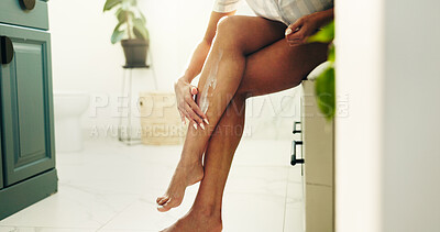 Buy stock photo Skincare, legs and woman apply body cream for hydration, wellness and sunscreen for UV protection. Feet, cosmetics and person with lotion for beauty, dermatology and moisturizer in home bathroom