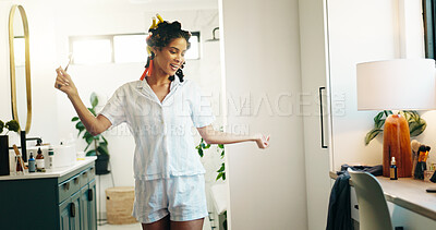 Buy stock photo Happy woman, brushing teeth or dancing in house bathroom for morning routine or oral hygiene. Sing, fun or person cleaning for dental care with smile, listening to music or getting ready with radio