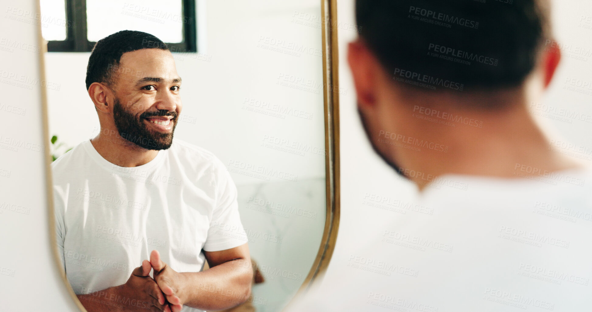 Buy stock photo Mirror, beauty and reflection with man in bathroom for skincare, grooming or cosmetics. Morning routine, dermatology progress and facial benefits with person in home for glow, treatment and hydration