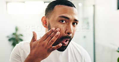 Buy stock photo Face, skincare and man in bathroom for moisturizer, beauty or morning routine with portrait. Apply cosmetics, collagen or person in home for aesthetic, grooming or hydration for dermatology treatment