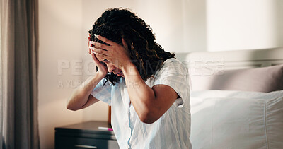 Buy stock photo Stress, insomnia and woman on bed in home with mental health, upset or anxiety in morning. Fatigue, disappointed and female person with burnout, exhaustion or sleepless night in bedroom at house.