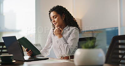 Buy stock photo Tablet, reading and thinking with business woman in office for planning, client briefing and reflection. Investment banker, broker budget and wealth idea with person for digital report on portfolio