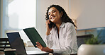 Tablet, phone call and smile with business woman in office for planning, client approval and stock growth. Investment banker, communication and portfolio success with person for digital report