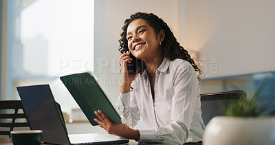 Buy stock photo Tablet, phone call and smile with business woman in office for planning, client approval and stock growth. Investment banker, communication and portfolio success with person for digital report