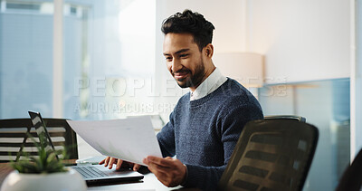 Buy stock photo Business, documents and man in office, laptop and reading with checklist for revenue report. Person, employee and accountant in workplace, PC and risk management with results for audit or investor