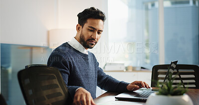 Buy stock photo Lawyer, man and laptop in office for research, advocate and case review. Legal aid, document and online report for proposal with attorney person in law firm, agency and legislation for consultation