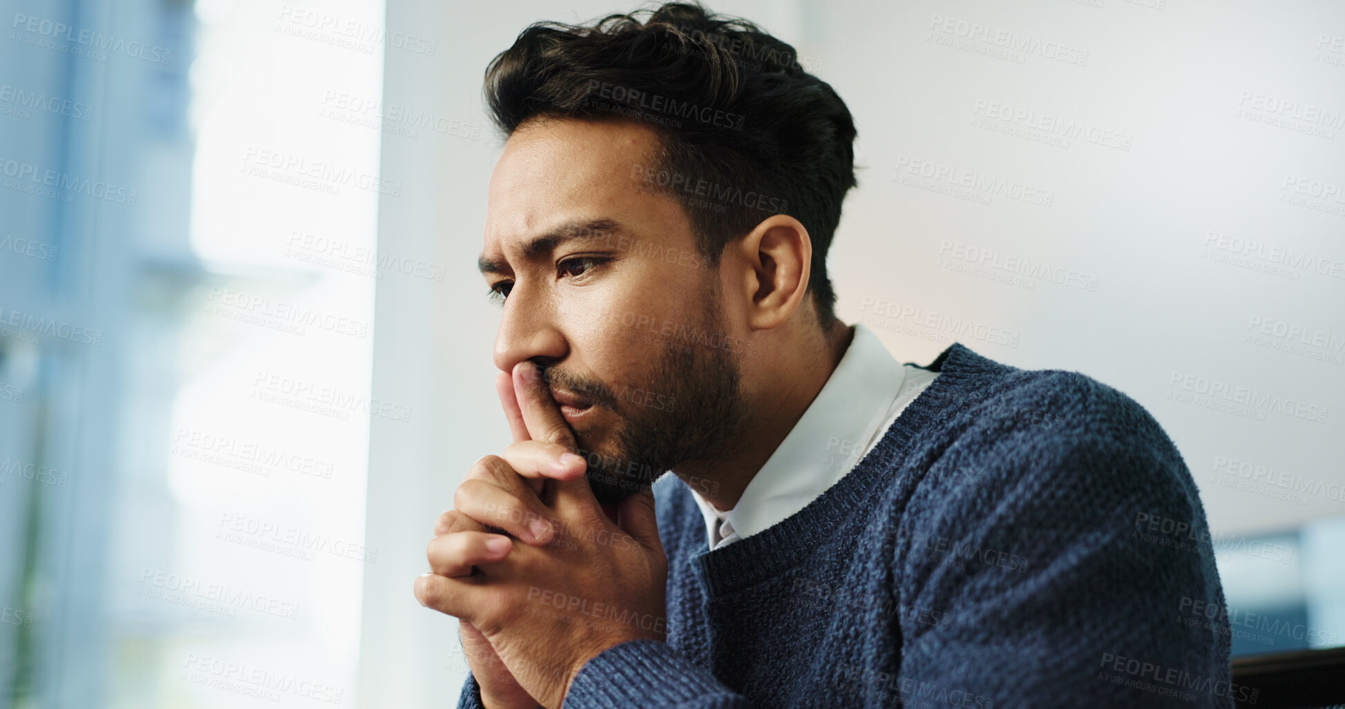 Buy stock photo Thinking, idea and lawyer in office with business, advocate and justice career. Legal aid, consultant and service for opportunity with attorney person for law firm, agency and legislation with space