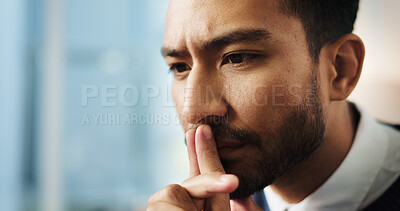 Buy stock photo Thinking, idea and attorney in office with business, advocate and justice career. Legal aid, consultant and doubt for opportunity with lawyer person for law firm, agency and legislation with space