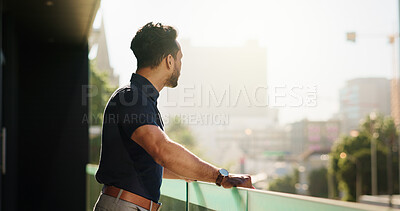 Urban, balcony or businessman with view thinking of ideas for daydreaming, vision or reflection. Developer, realtor or real estate agent with insight, mission or inspiration for property investment