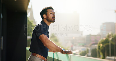 Buy stock photo Urban, balcony or businessman at office thinking of ideas for daydreaming, vision or reflection. Developer, realtor or real estate agent with city view, mission or inspiration for property investment