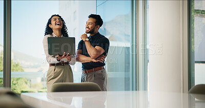 Buy stock photo Office, team and business people laugh with laptop for discussion, ideas or joke for insurance. Humor, planning or happy workers in cooperation with computer for risk management or funny conversation