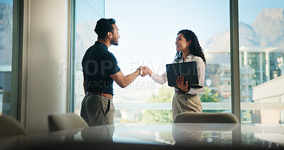 Buy stock photo Happy, business people and meeting with handshake for greeting, introduction or welcome at office. Businessman, woman and shaking hands with smile for deal, partnership or agreement at workplace