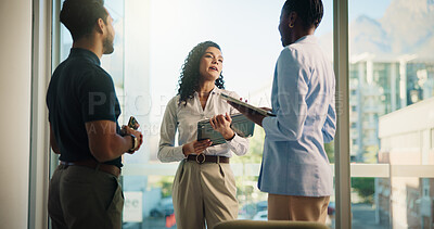 Buy stock photo Office, group and business people in meeting for discussion, ideas or insurance policy for claims. Team, planning and workers in cooperation with technology for risk management or financial coverage