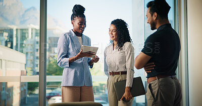 Buy stock photo Business people, tablet and planning with real estate team, discussion or available listings on website. Meeting, collaboration and property review for realtor group, strategy or good client feedback