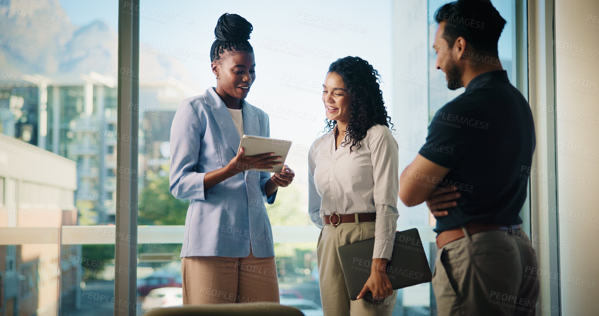 Buy stock photo Business people, tablet and planning with real estate team, discussion or available listings on website. Meeting, collaboration and property review for realtor group, strategy or good client feedback