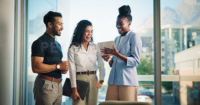 Buy stock photo Business people, tablet and meeting with real estate team, discussion or available listings on website. Happy, collaboration and property review for realtor group, strategy or good client feedback