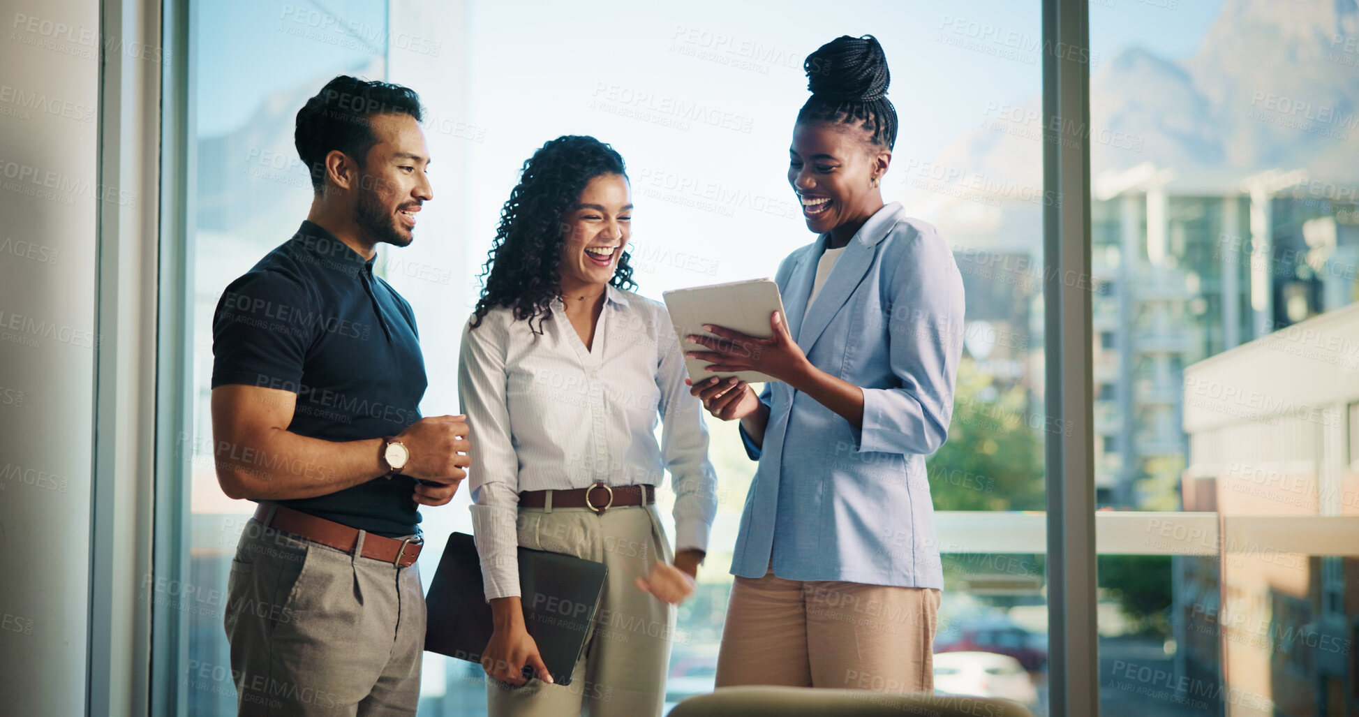 Buy stock photo Business people, tablet and meeting with real estate team, discussion or available listings on website. Happy, collaboration and property review for realtor group, strategy or good client feedback