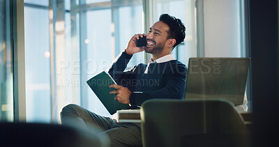 Buy stock photo Communication, employee and man with smile, phone call and laughing at joke, tablet and event planner. Happy, party coordinator and person with mobile for discussion, humor and planning for schedule