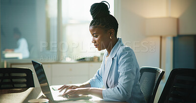 Buy stock photo Business, laptop and black woman in office, typing and email for payroll schedule. African person, accountant and employee in workplace, pc or budget report with financial website or funding proposal