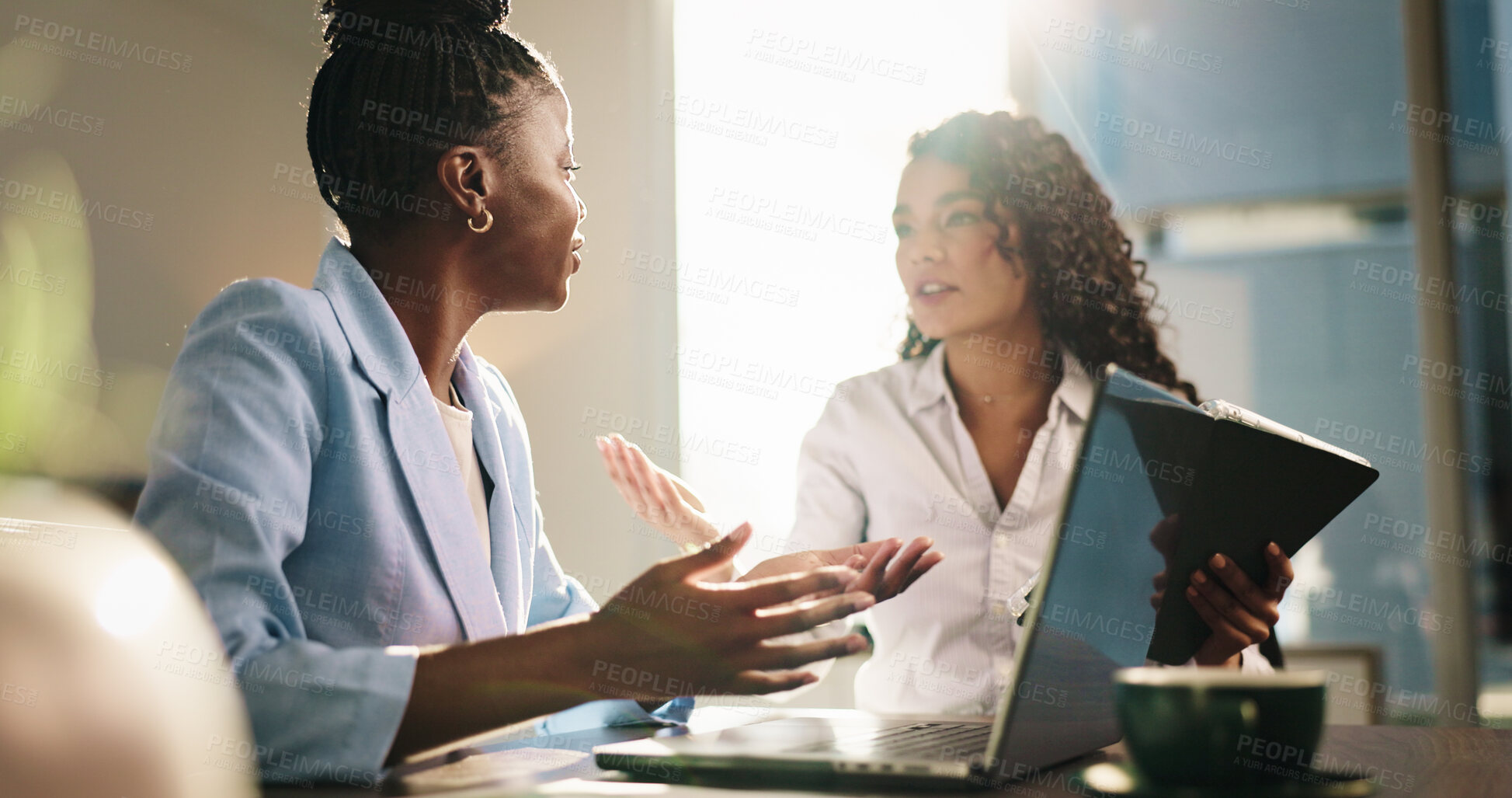 Buy stock photo Business, women and talk with laptop in office for planning, finance report and budget pitch. People, team and discussion with pc for feedback, financial update and information of investment proposal