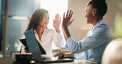 Buy stock photo Happy women, business and high five with laptop for winning, success or teamwork at office. Female people, employees or colleagues with smile on technology for project completion or done at workplace