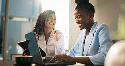 Buy stock photo Smile, business and women with laptop in office for planning, finance report and review budget. Happy, people and team with PC for feedback, financial update and information for investment proposal