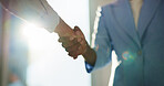 Handshake, deal and business people in office for partnership, agreement or finance merger. Contract, greeting and financial manager shaking hands with client for introduction, welcome or thank you.