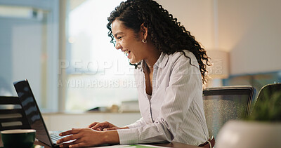 Buy stock photo Laptop, laugh and businesswoman in office with contact, communication or email with finance client. Computer, good news and female financial manager with online investment proposal in workplace.