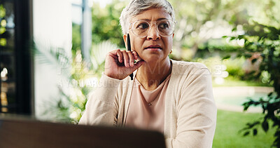 Buy stock photo Thinking, remote work and serious mature woman with decision, planning lesson or course idea. Freelancer, laptop or problem solving with reflection in home backyard for education insight with teacher