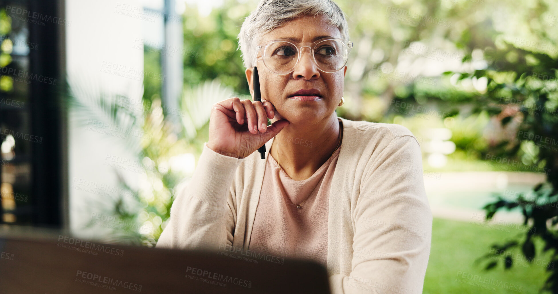 Buy stock photo Thinking, remote work and serious mature woman with decision, planning lesson or course idea. Freelancer, laptop or problem solving with reflection in home backyard for education insight with teacher