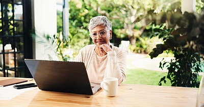 Buy stock photo Thinking, remote work and mature woman with laptop for planning lesson or course idea. Happy freelancer, computer and solution in home backyard for education insight or teacher reading good essay