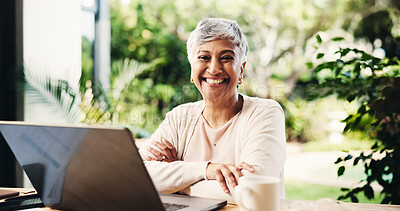 Buy stock photo Portrait, senior woman and laptop at house for financial planning, loan application and confidence. Smile, elderly person and arms crossed with pc, mortgage payment and online expenses for retirement