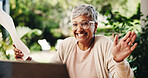 Senior, happy woman or winning with laptop or receipts for tax return, deduction or finance at home. Mature, female person and celebration with smile for financial freedom, retirement or pension fund